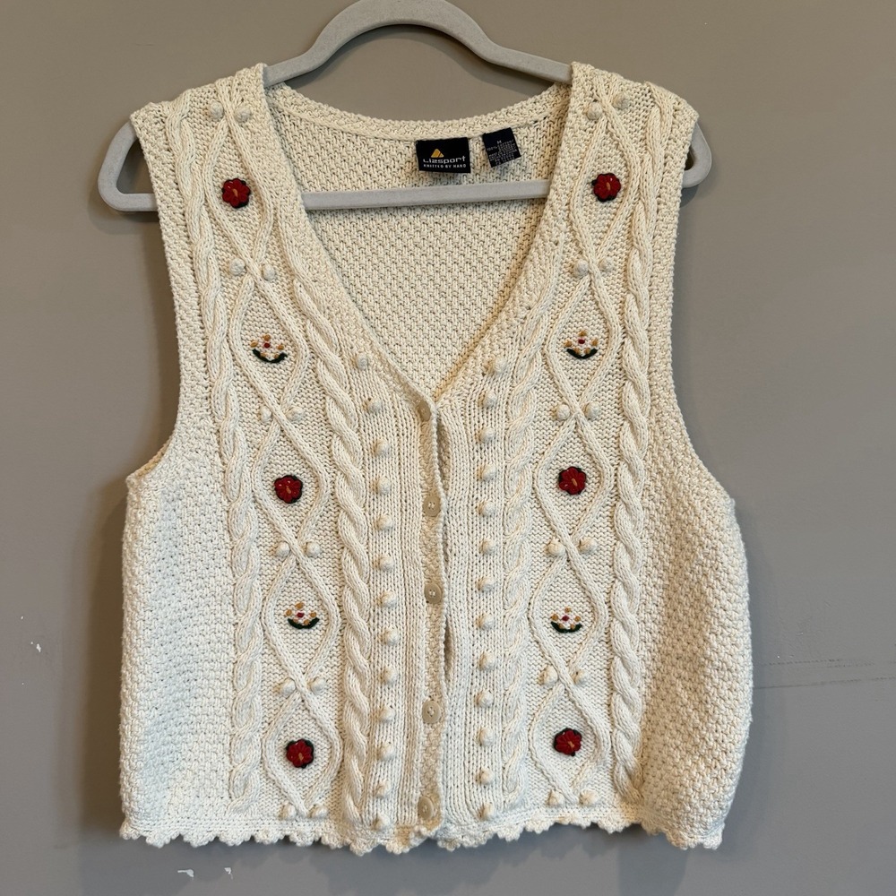 Vintage Liz Claiborne White Hand Knit Sweater Vest Red Floral Medium Cottagecore